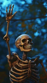 Skeleton raises hand against deep blue twilight background