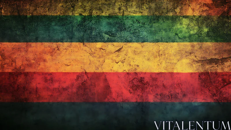 Weathered reggae stripes blaze across cracked canvas.