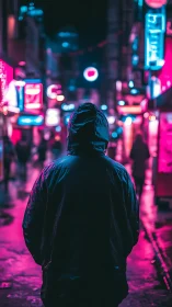 Hooded figure on neon street at night in wet conditions.