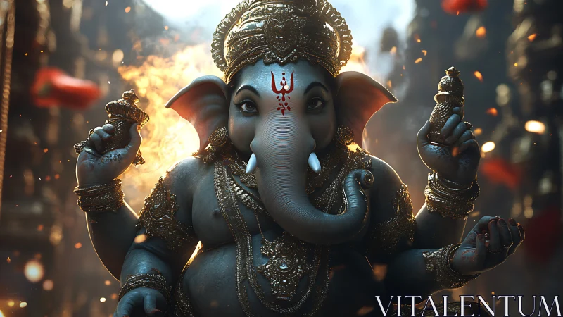 Divine Ganesha idol glowing amid temple firelight scene.