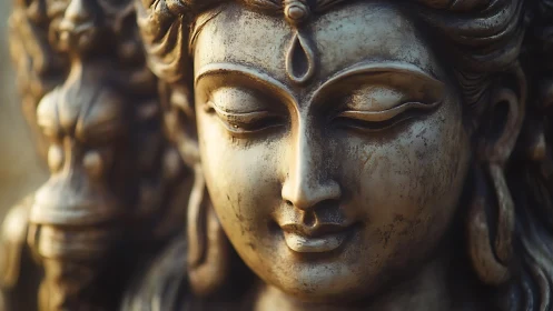 Close-up bronze sculpture of serene goddess style face.