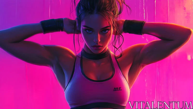 Neon-lit fitness portrait of intense female athlete poised.