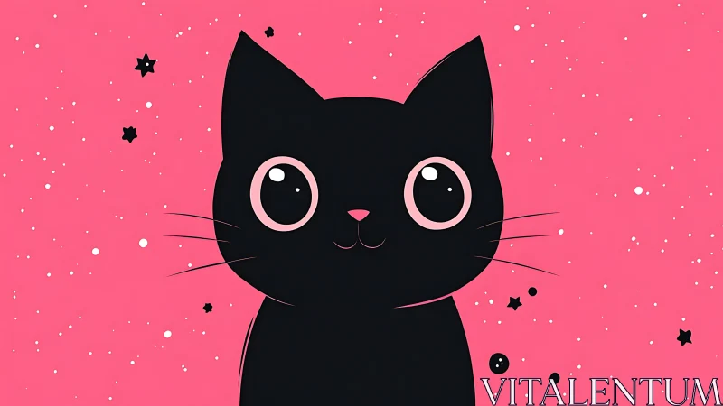 Black cat with pink eyes on pink background scattered with stars