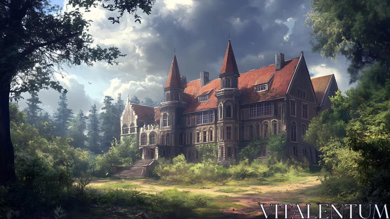 Neo-Gothic manor with red gabled roofs in overgrown forest clearing