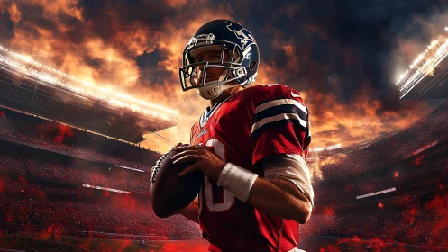 Quarterback stands ready under blazing stadium skies.