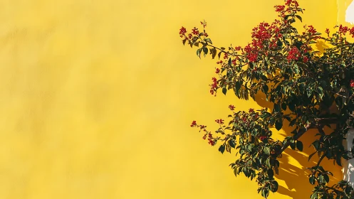 Warm Yellow Wall with Red Flowering Creeping Vines and Dark Foliage