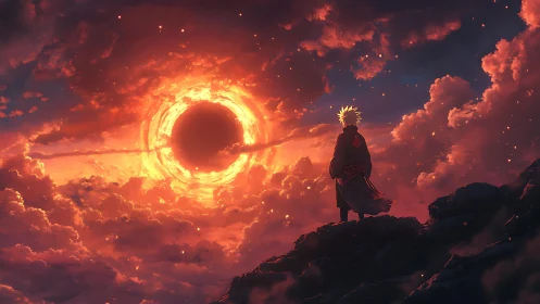 Lone anime wanderer facing a blazing celestial eclipse sky.