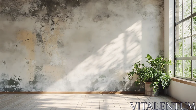 Sunlit textured interior wall with potted plant in corner