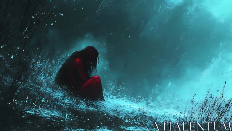 Digital painting of solitary figure in red amid icy storm.