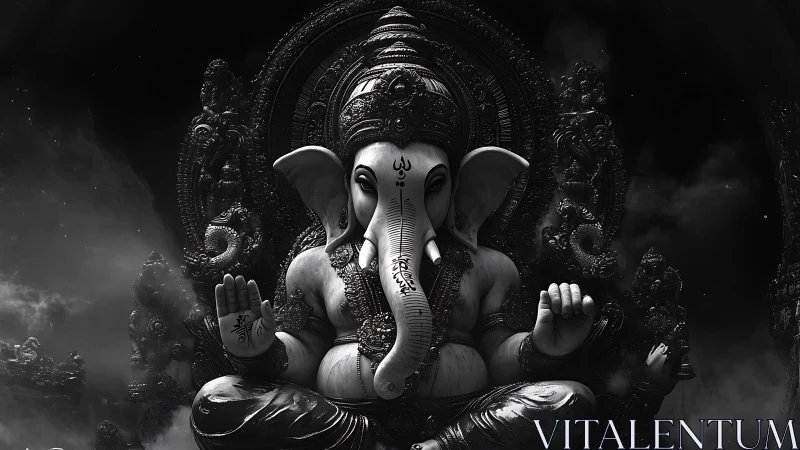 Divine Ganesha idol in dramatic monochrome lighting.