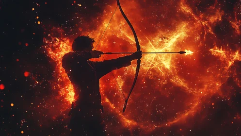 Archer silhouette unleashes a flaming cosmic arrow into space