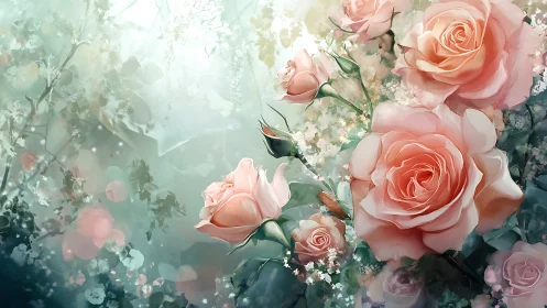 Pink Roses with Baby's Breath Floral Composition