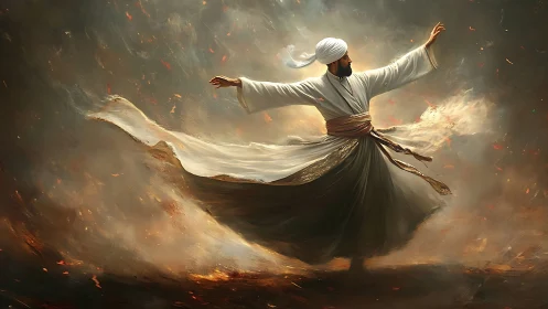 Whirling dervish spins through ember-filled mystical haze