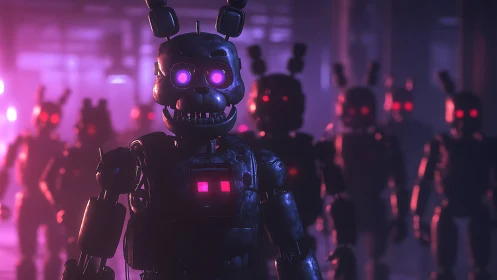 Robot rabbit horde with glowing eyes in neon corridor.