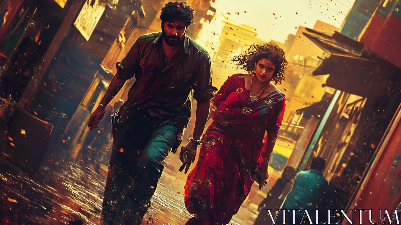 Dynamic alley chase framed by low-angle perspective and warm bokeh haze