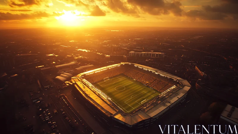 Golden sunset bathes crowded football stadium in warm light