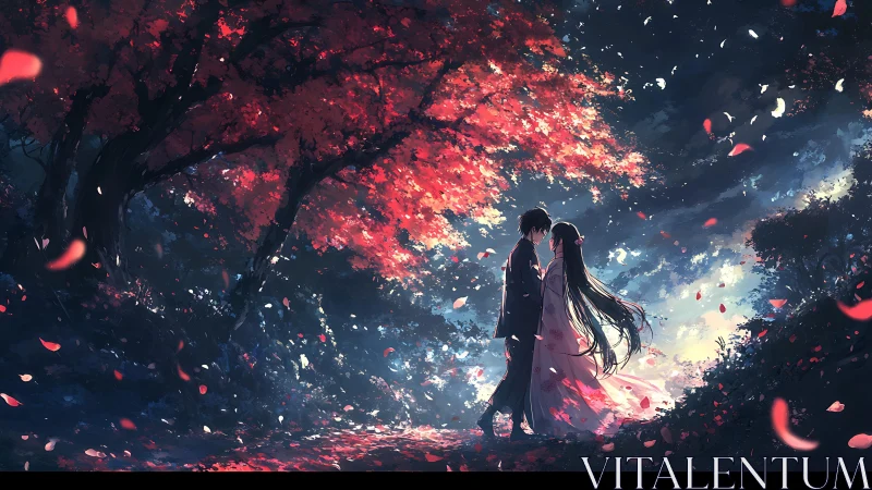 Romantic couple standing under vivid red autumn trees.
