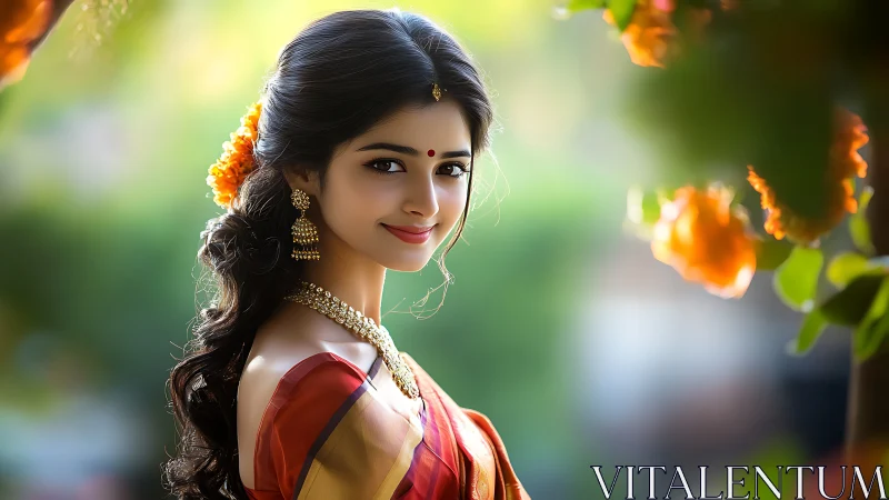 Photorealistic portrait of woman in saree among flowers.