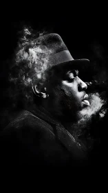 Moody monochrome portrait in drifting smoke silhouette.