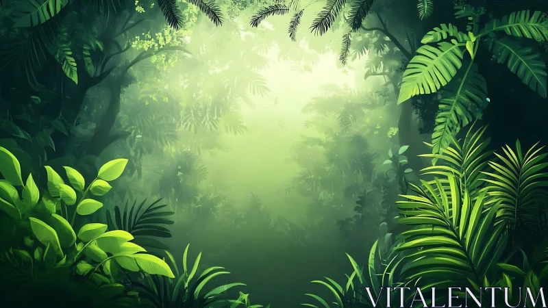 Misty Jungle Path Through Dense Forest Canopy.