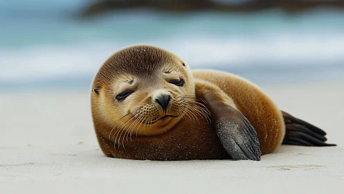 Sleepy baby sea lion rests on soft sandy shoreline.