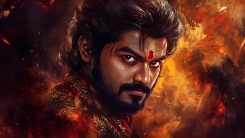 Male portrait with forehead mark amid abstract warm tones.