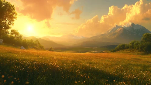 Sunlit meadow extends toward layered distant mountain range