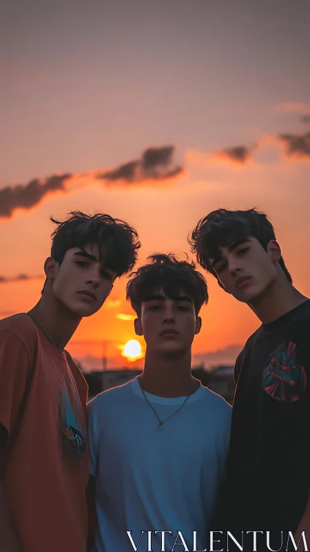 Sunset glow around three thoughtful friends at golden hour.