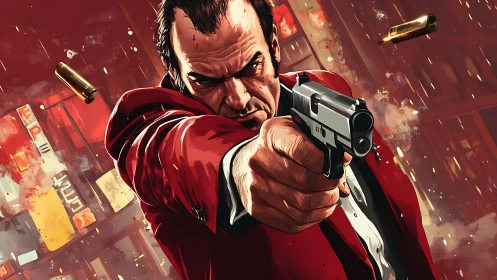 Intense gunman in red jacket takes aim in a neon city