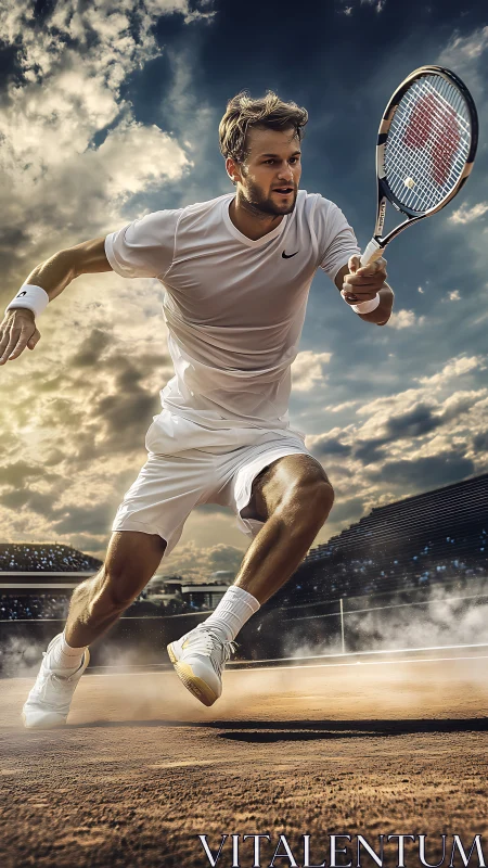 Tennis player sprints across clay court under stormy sky.