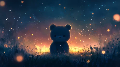 Nocturnal plush bear silhouette in bokeh-lit meadow glow.