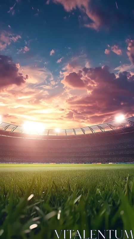 Sunlit football stadium field under glowing sunset sky.