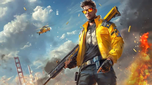 Armed urban hero strides through explosive battlefield skies