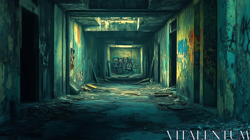 Decayed graffiti corridor in abandoned urban building.