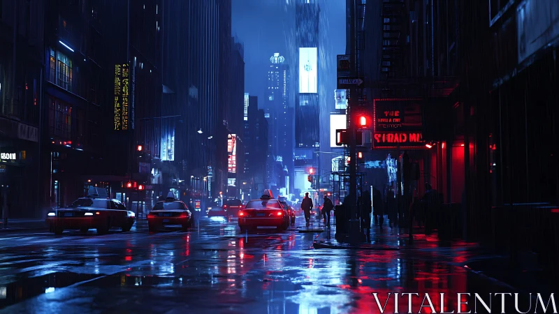 Midnight taxis drifting through neon soaked city rain.