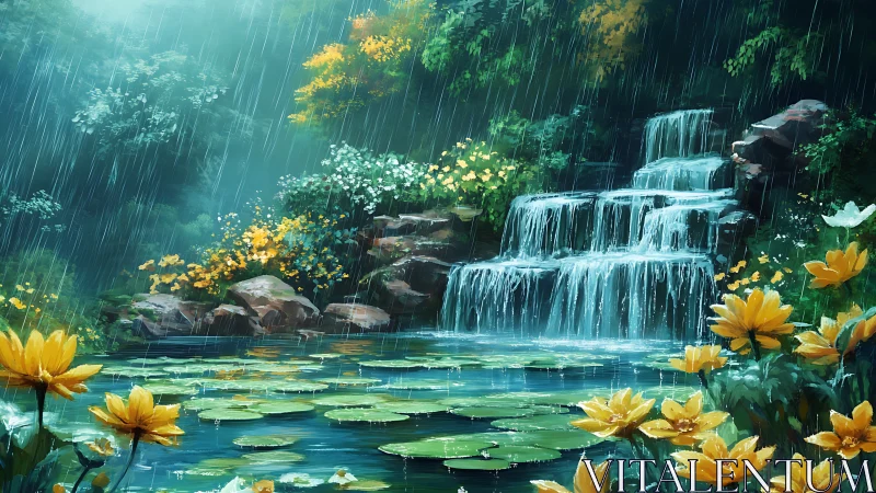 Tiered waterfall descends into lily pond under rainfall
