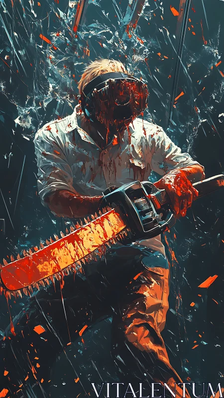 Neon-drenched chainsaw chaos in a shattered dark arena.