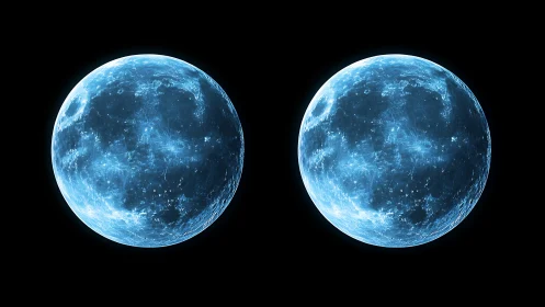 Twin glowing blue moons on black space background.