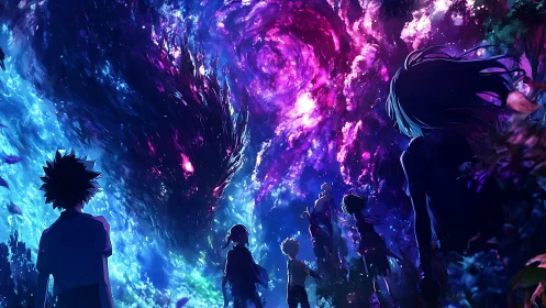 Young adventurers confront a swirling cosmic portal at night