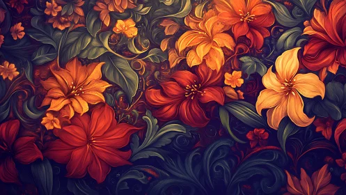 Digital Baroque Floral Composition with Layered Dimensional Petals and Ornamental Foliage