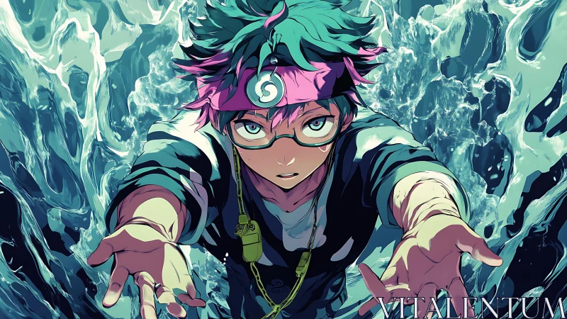 Young character extends both hands amid stylized water motion