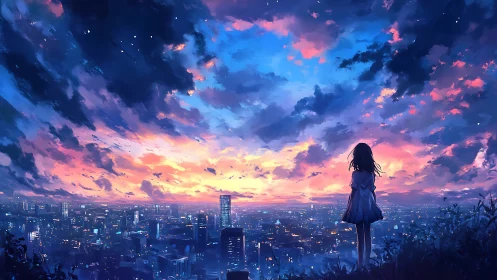Girl on a hill watches neon city under blazing twilight sky.