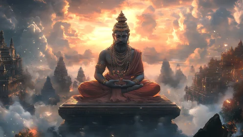 Serene sky temple meditation with luminous sunset calm.
