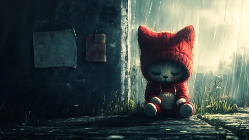 Melancholic red-hooded plush figure in rainy alleyway scene.