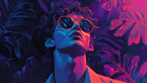 Neon lit dreamer bathed in bold tropical sunset colors.