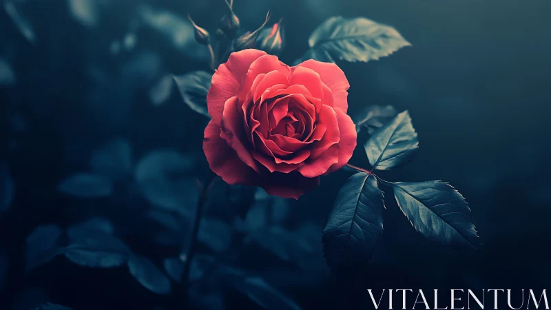 Crimson Rose Blooms Against Moody Teal Background.