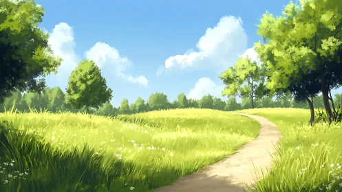 Sunlit country path winds through bright summer meadow.
