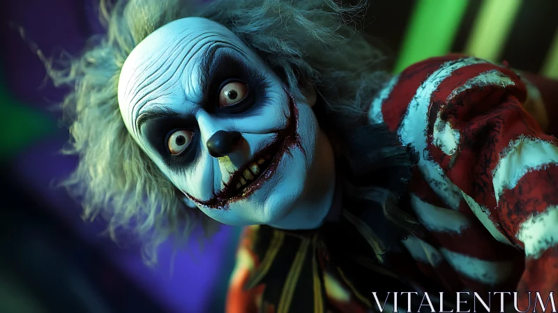 Creepy clown close-up under neon horror lighting.