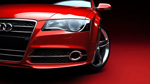 Red sports coupe front detail is rendered with precision