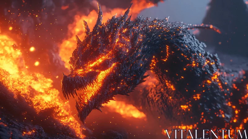 Voxel lava dragon erupts from volcanic inferno landscape.